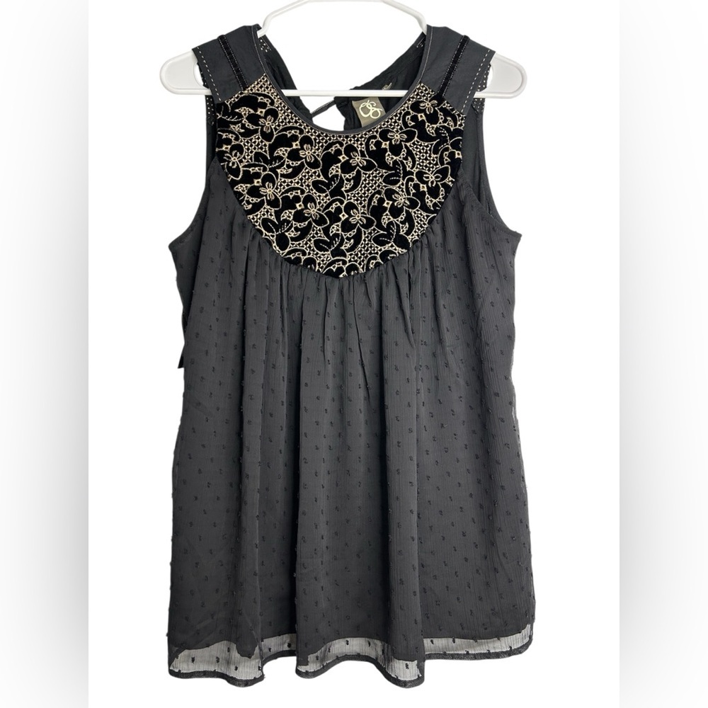 Anthropologie One September Black Sleeveless Blouse with Embroidery velvet Boho
